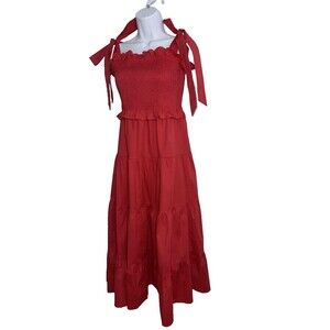 Tuckernuck Alannah Smocked Bodice Tie Strap Midi Dress Red Cotton Women Small